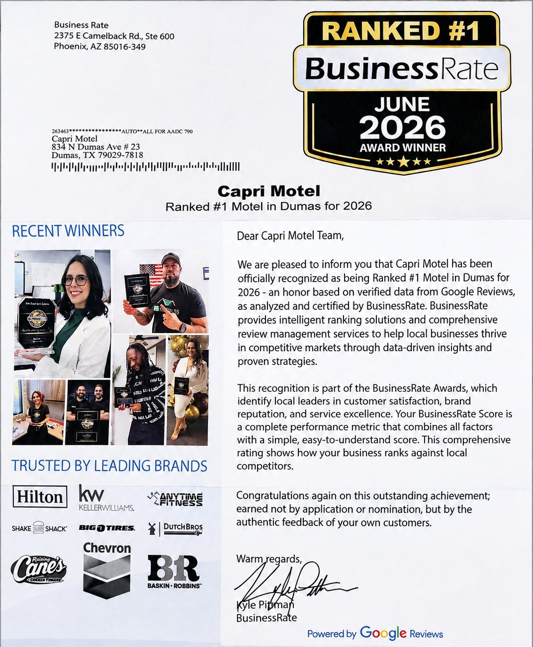 BusinessRate June 2026 award recognizing Capri Motel as ranked number one motel in Dumas for 2026
